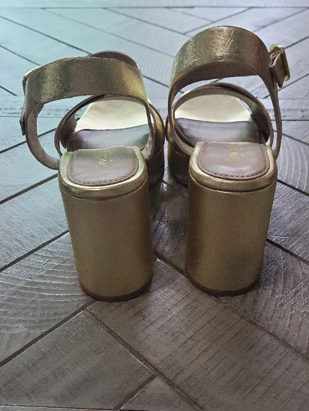 Seychelles Metallic Gold Leather Platform Sandals Ankle Strap Boho 70s